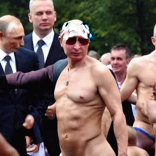 Image similar to vladimir putin attending gay pride wearing a thong