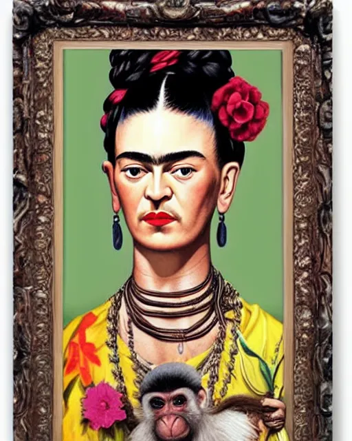 Image similar to highly detailed matte portrait of frida kahlo with monkey and flowers by anne stokes