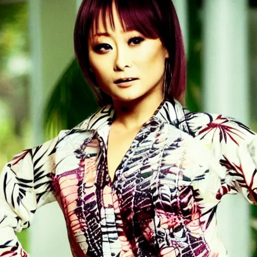 Image similar to Ayumi Hamasaki wearing batik shirt , film still, best scene,