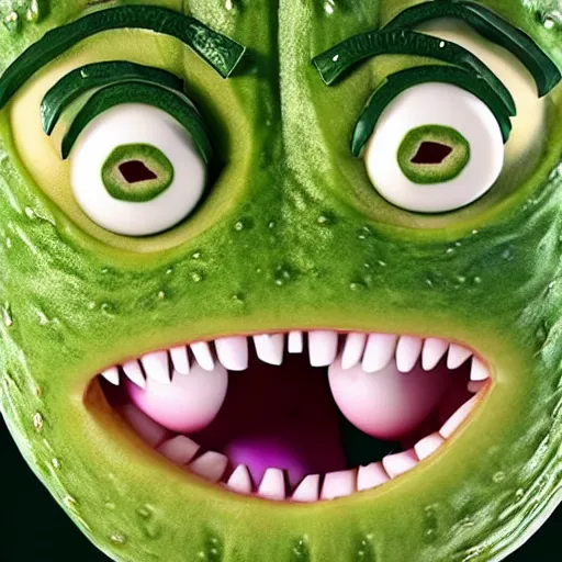 Prompt: cucumber pickle with a face on it, realistic, pickle rick, 4k, 8k, close-up shot