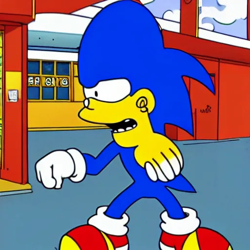 Image similar to sonic punches homer simpson while bart shoots at sonic.