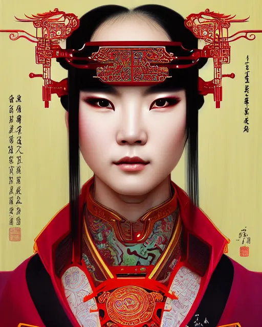 Image similar to portrait of a chinese cyberpunk machine, machine face, upper half portrait, decorated with chinese opera motifs, regal, asian, fine china, wuxia, traditional chinese art intricate intense elegant 京 剧 highly detailed digital painting artstation concept art smooth sharp focus illustration, art by artgerm and greg rutkowski alphonse mucha 8 k