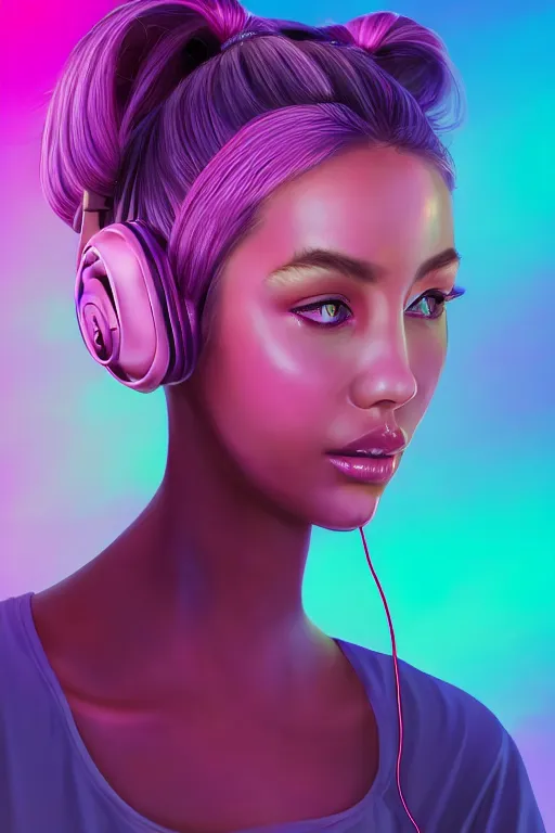 Prompt: a award winning half body portrait of a beautiful woman with stunning eyes in a croptop and cargo pants with ombre purple pink teal hairstyle and wearing headphones on her ears by thomas danthony, surrounded by whirling illuminated lines, outrun, vaporware, digital art, trending on artstation, highly detailed, fine detail, intricate