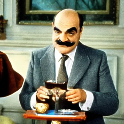 Prompt: scene of the hercule poirot tv serie featuring david suchet