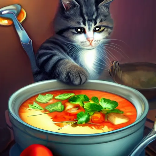 Image similar to a cat cooking soup, stirring a pot with a ladle and cutting vegetables, fantasy illustration, trending on artstation, deviantart, very realistic, 4k