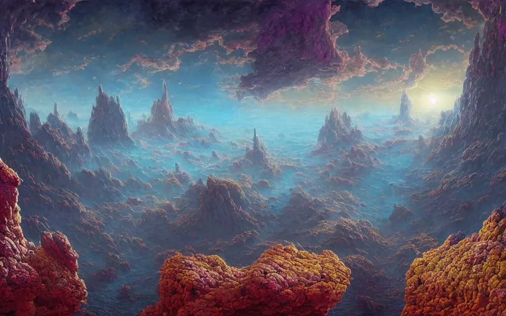 Image similar to A beautifully strange of alien landscape above a floral colorful rich artefacts and rocks with moons ,Matte Painting , oil on canvas, by Benoit B. Mandelbrot fractal , Steven Belledin, Martin Johnson Heade, Lee Madgwick, and Caspar David Friedrich,Sci-fi fantasy mystical moons depth glowing water reflections, colorful final Render iridescent, volumetric lights , fantasy concept art, highly detailed octane render, 8K HD , trending in art station