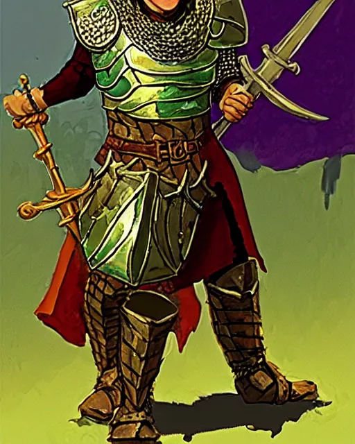 Prompt: beverly toegold the fifth, epic level dnd male halfling verdant paladin of the ancients and green teen, wielding a golden holy sword, wearing magical gleaming chainmail armor. full character concept art, realistic, high detail digital gouache painting by angus mcbride and michael whelan and moebius