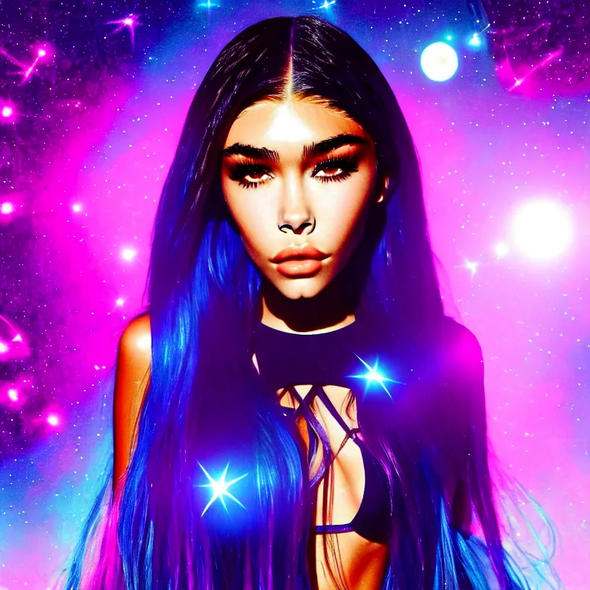 Image similar to madison beer a an intergalactic popstar dancing on a planet, render, blender render, unity render, 4 k wallpaper, art station trending, artstation 4 k coherent, coherent, 4 k, detailed, hyperdetailed, artifact - free, completely coherent, sharp, madison beer