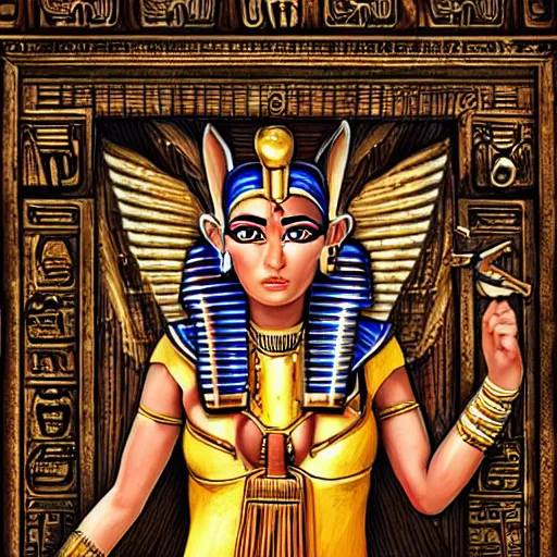 Image similar to Highly detailed illustration of Egyptian goddess Hathor defending the royal temple gates, hyper realistic, sci-fi fantasy art