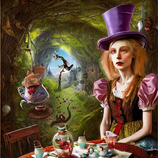 Image similar to alice in wonderland tea party with the mad hatter, march hare, alice, door mouse, lowbrow, matte painting, 3 - d highly detailed, style of greg simkins