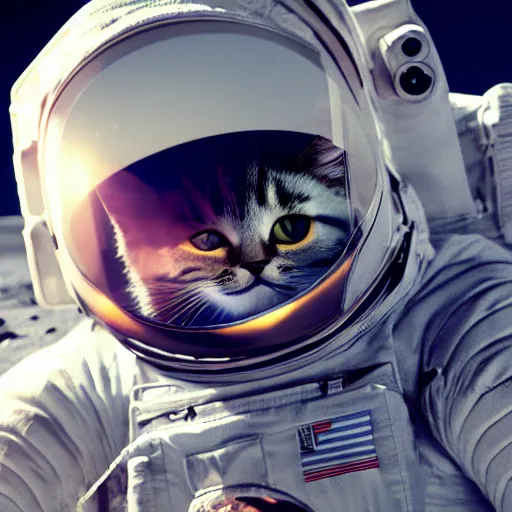 Image similar to professional photo cat in astronaut suit on the moon, closeup shot, hyperrealistic masterpiece, trending on artstation, cgsociety, kodakchrome, golden ratio, cinematic, composition, beautiful lighting, hyper detailed, sharp focus, octane render, 4 k, unreal engine