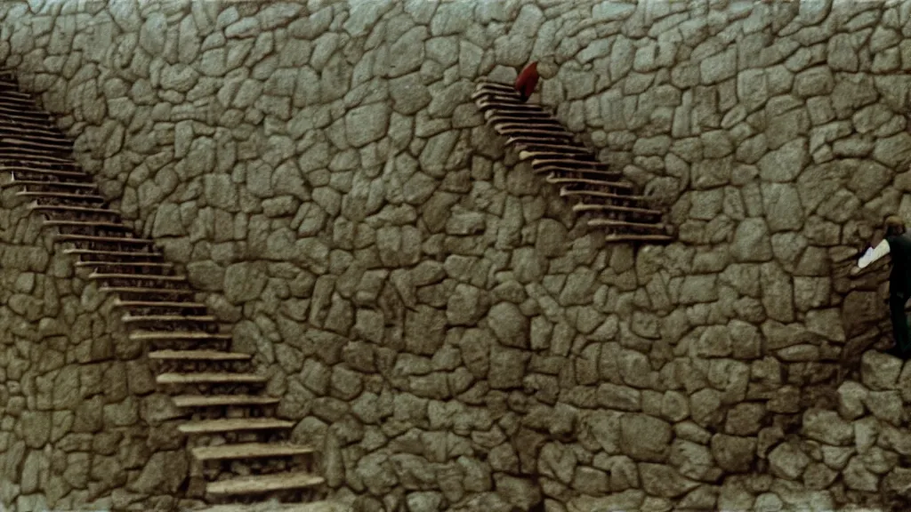 Image similar to a man building a winding staircase as he walks up it, film still from the movie directed by wes anderson with art direction by zdzisław beksinski and m. c. escher, wide lens