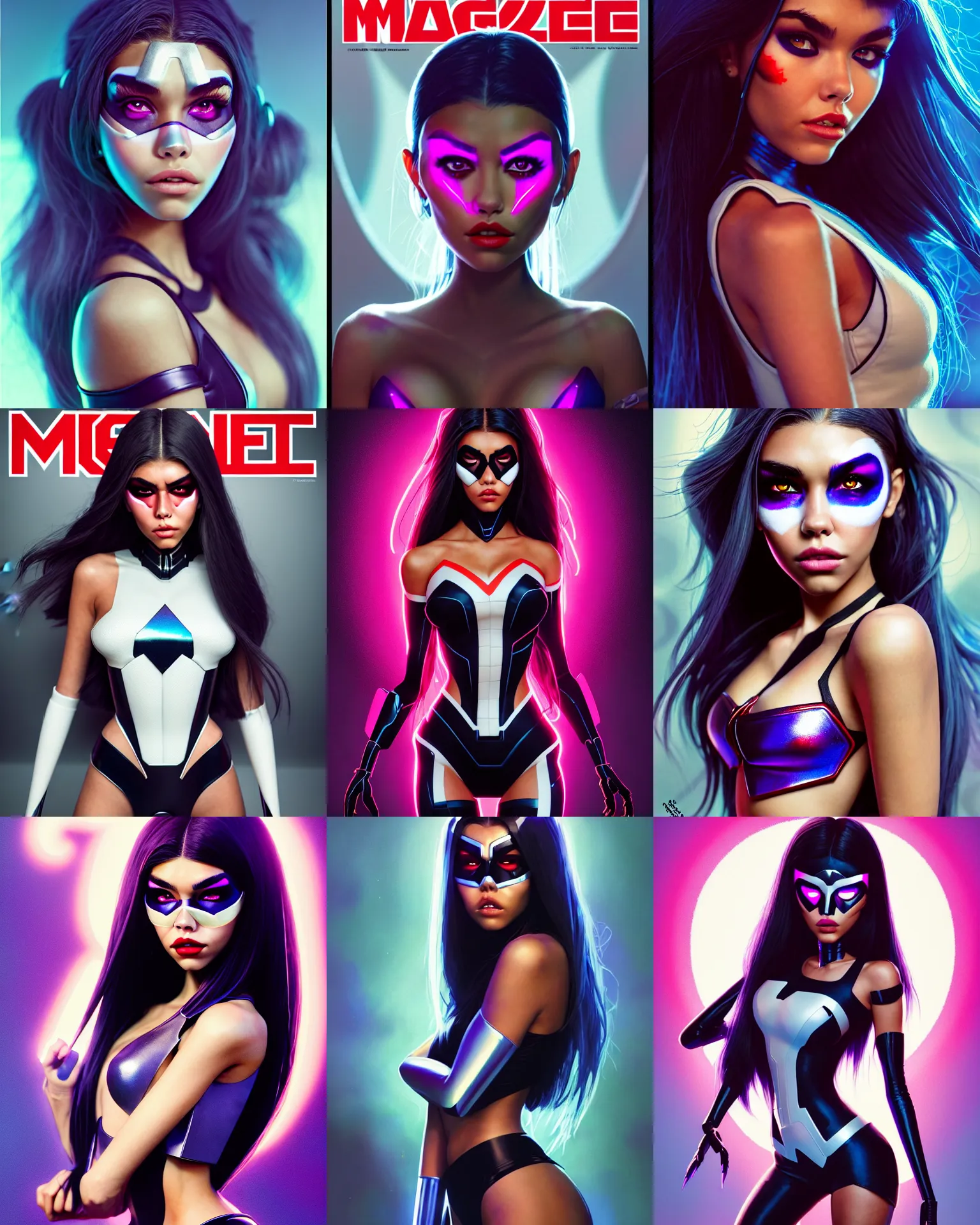 Prompt: magazine cover portrait photo of madison beer : : college woman : : as hot marvel hero raccoon girl cyborg by pixar : : by greg rutkowski, wlop, rossdraws, artgerm, weta, marvel, colorful rave makeup, leeloo, unreal engine, glossy skin, pearlescent, shiny, 4 k, hdr, bright morning, : :