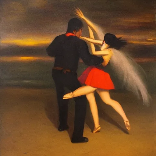 Image similar to A Colombian woman and a Caucasian man dance on a misty pier at midnight, sensual, romantic, oil painting