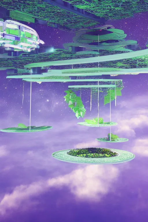 Image similar to multi level botanical garden spaceship floating in space, calm, tranquil, faded effect, detailed, vaporwave colors, render by substance designer