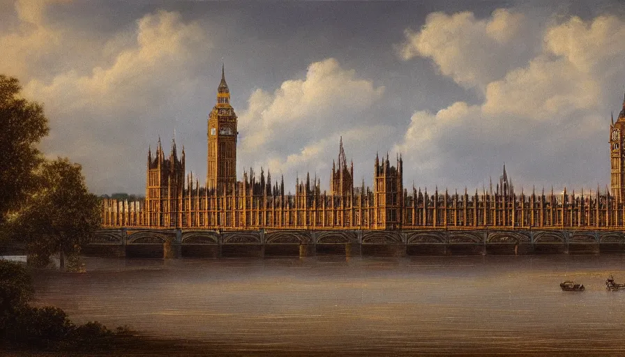 Prompt: Palace of Westminster, illustrated by Bob Ross, very detailed