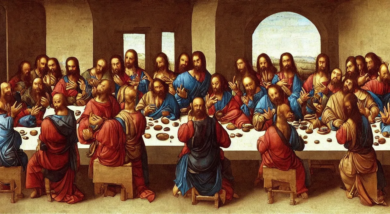 Prompt: “Painting of The Last Supper, everybody sat at the table staring at their smartphones, Leonardo Da Vinci, 1498, Tempera on gesso, pitch, and mastic”