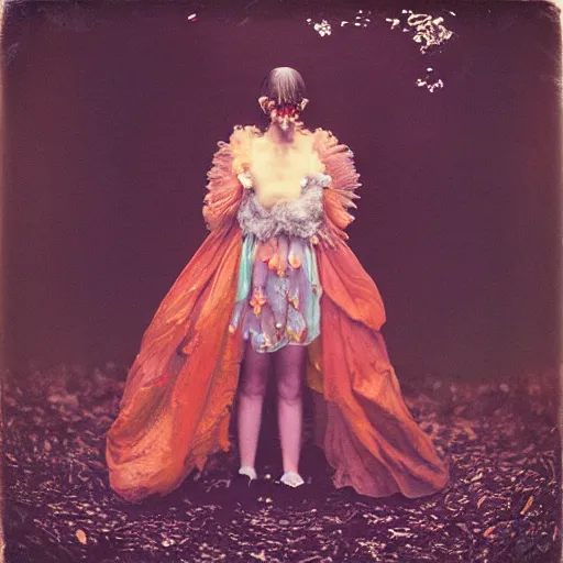 Prompt: kodak portra 4 0 0, wetplate, photo of a surreal artsy dream scene,, girl, weird fashion, extravagant dress, photographed by paolo roversi style