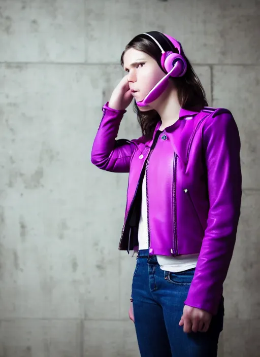 Prompt: young adult woman in a coffee shop wearing bright purple headphones and a pink leather jacket looking unamused, natural light, award winning magazine photo, 5 0 mm lens