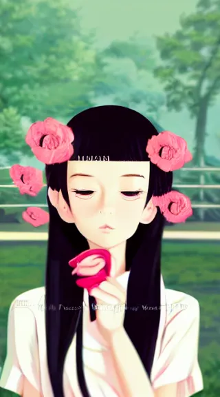 Image similar to little girl with her long black hair dressed in a simple white dress putting flowers on hair, anime art style, digital artwork made by ilya kuvshinov, inspired in balthus, hd, 4 k, hyper detailed