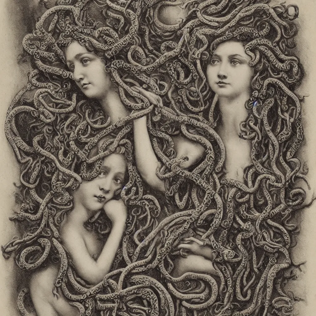 Prompt: a victorian age realistic photo of a girl like Medusa with intricate ornament snakes like hair, dagherrotype, wallpaper, hyper realistic, hyper detailed