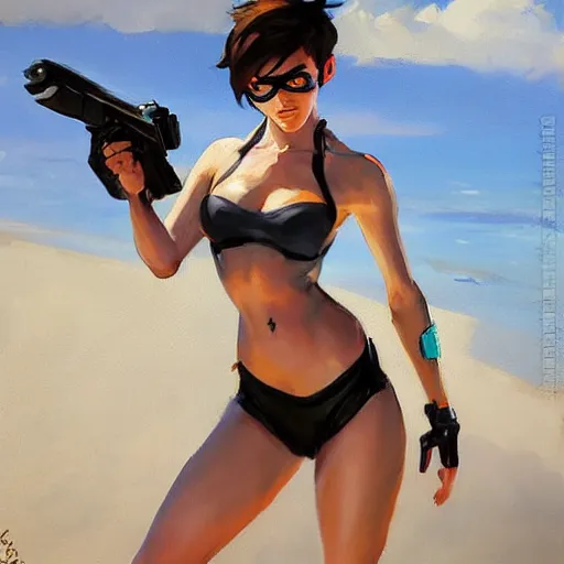 Prompt: greg manchess splashart painting of overwatch's tracer in a bikini, overwatch art team