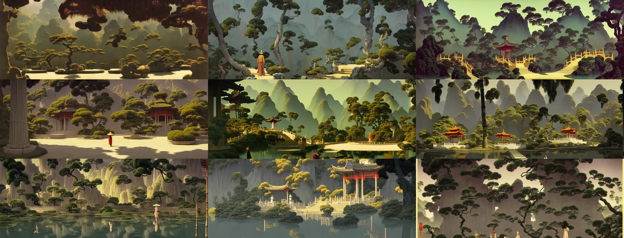 Prompt: a gorgeous landscape painting by barlowe wayne maxfield parrish and marco mazzoni. chinese temple. just one lonely grey chinese wuxia with bamboo hat walks on the winding steps. ultra clear detailed. 3 d, octane render. turbulent blood lake.