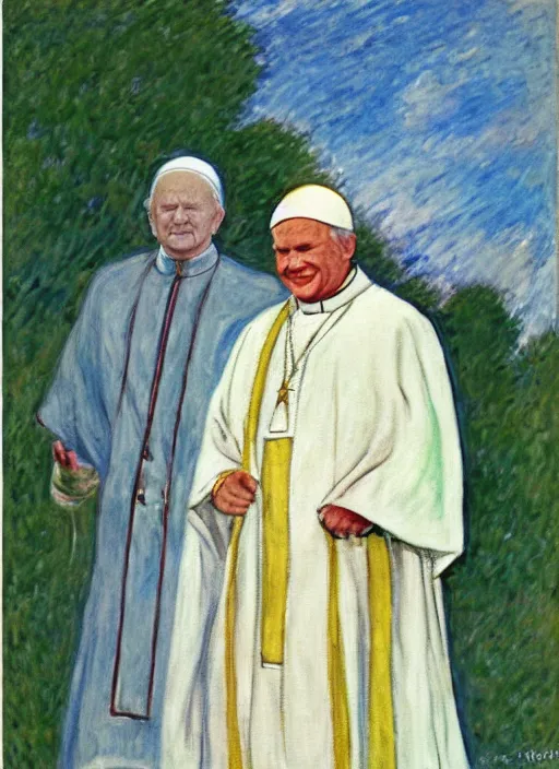 Prompt: white turban and shoulder pads with cape wearing john paul ii as piccolo from dragon ball z by claude monet