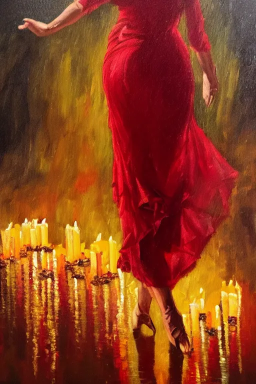 Image similar to detailed oil painting of spanish flamenco dancer walking into a lake wearing a red dress made of flowers that's engulfed in flames, dimly lit by candles on the ground, looking away, dark shadows, ethereal, slr, 4 k, high definition