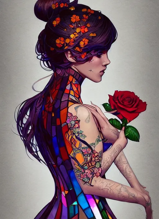 Prompt: beautiful woman splash art wearing a dress made from stained glass in the design of a rose. masterpiece by artgerm and greg rutkowski and ilya kuvshinov paul lerh