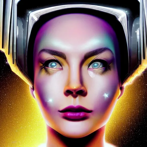 Image similar to celestial female robot, facial portrait, retro-futuristic, legendary epic shot, 90s make-up, galaxy space hunter, cyber implants, wires, low angle, dawn, by syd mead , airbrush, science fantasy, 90s ad, concept art, realistic matte painting, Smooth gradients, octane render, 8k, High contrast, duo tone, depth of field, volumetric lightning, very coherent, symmetrical, skin pore detail