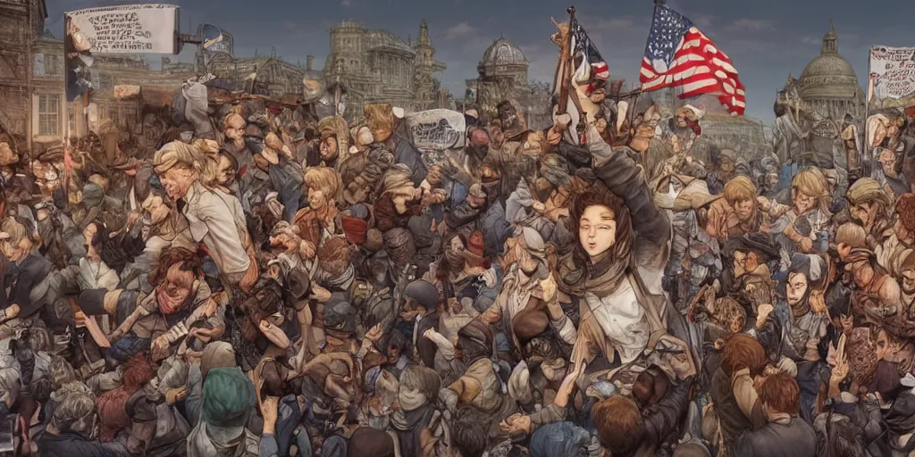 Image similar to i am happy to join with you today in what will go down in history as the greatest demonstration for freedom in the history of our nation. ultrafine detailed colored hyperrealistic illustration by kim jung gi, james jean, intricate linework, sharp focus, octopath traveler, final fantasy, unreal engine highly rendered, global illumination, radiant light, intricate environment