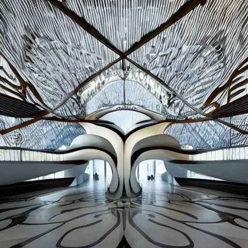 Image similar to extremely detailed ornate stunning beautiful elegant futuristic museum lobby interior by Zaha Hadid