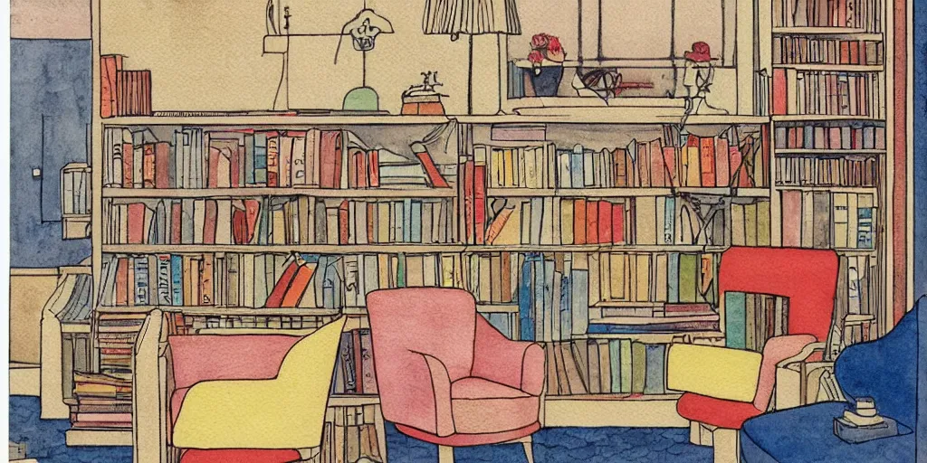 Prompt: cozy bookstore warm colors simple geometric watercolor painting george barbier