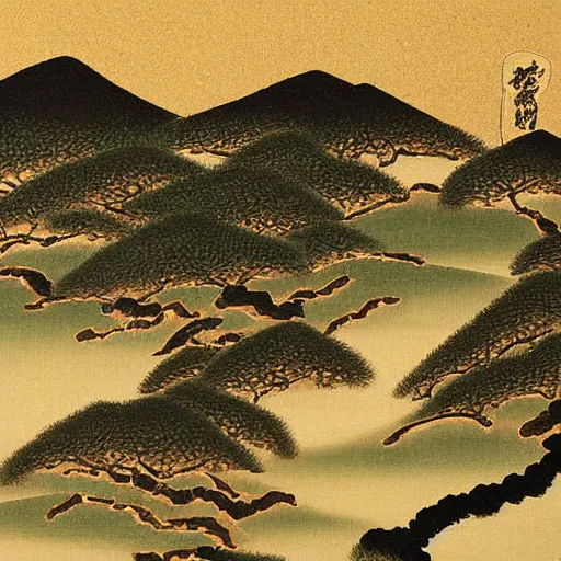 Prompt: japanes painting of a landscape by kano sanraku, gold, intricate detail, 8 k