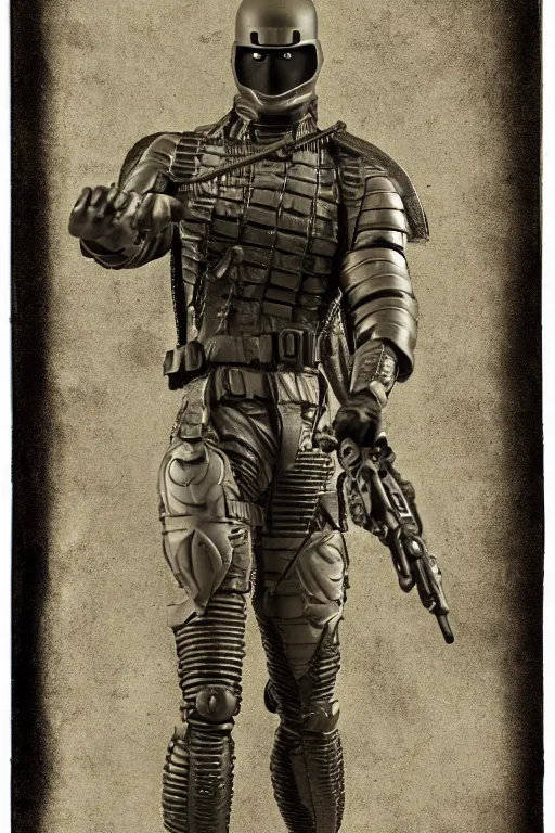 Image similar to snake eyes from g. i. joe, portrait, full body, symmetrical features, silver iodide, 1 8 8 0 photograph, sepia tone, aged paper, sergio leone, master prime lenses, cinematic