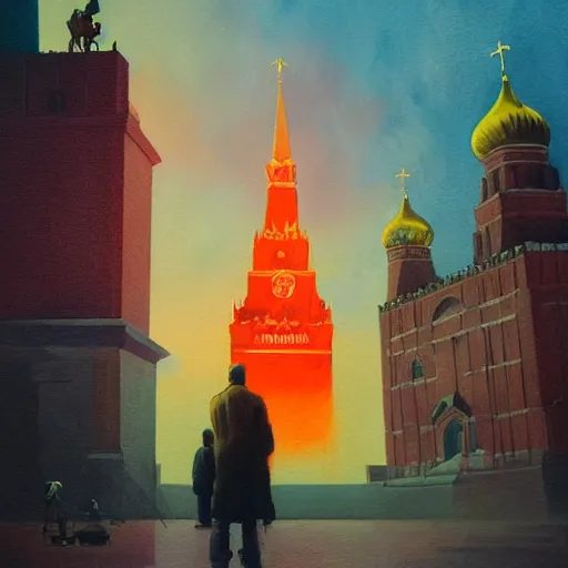 Image similar to a painting of a Red Square in Moscow in flame, a watercolor and matte painting by Beeple and RHADS and maxfield parrish, cgsociety, brutalism, dystopian art, sci-fi, artstation hq