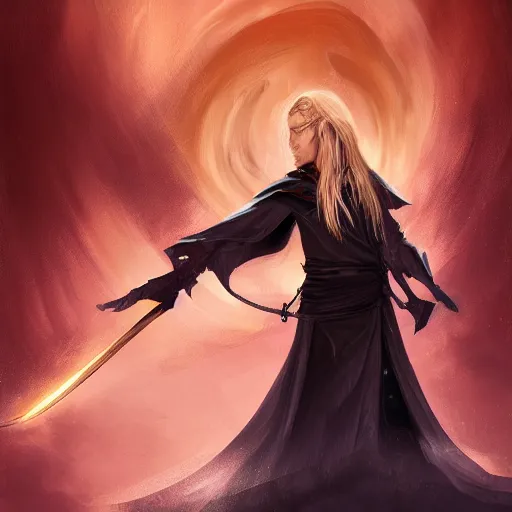 Image similar to Young, handsome wizard with a blonde ponytail wearing exquisite black robes, a spider cloak and wielding a legendary staff of light. Magic flux. High fantasy, digital painting, HD, 4k, detailed.