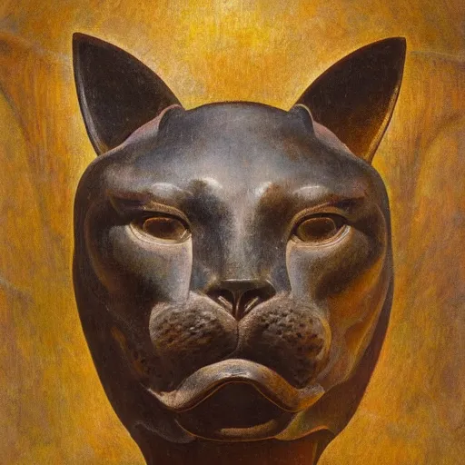 Image similar to masterpiece ancient bronze sculpture of a mechanical cat head, by annie swynnerton and diego rivera and nicholas roerich and jean delville and charlie bowater, symbolist, dramatic lighting, god rays, elaborate geometric ornament, art brut, rich colors, smooth sharp focus, extremely detailed, adolf wolfli and ( donato giancola and bilibin )