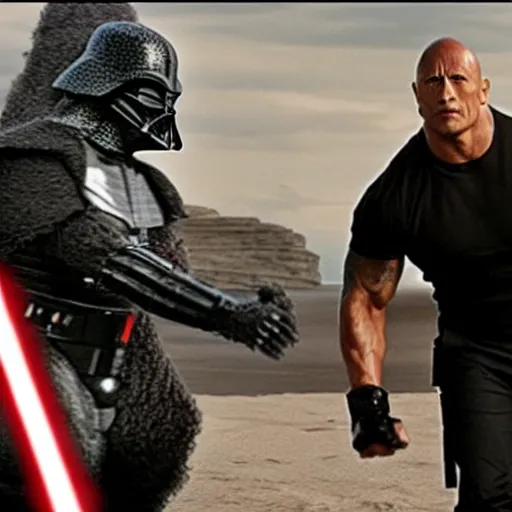 Image similar to 1 0 0 dwayne johnson versus darth vador, realistic, star wars