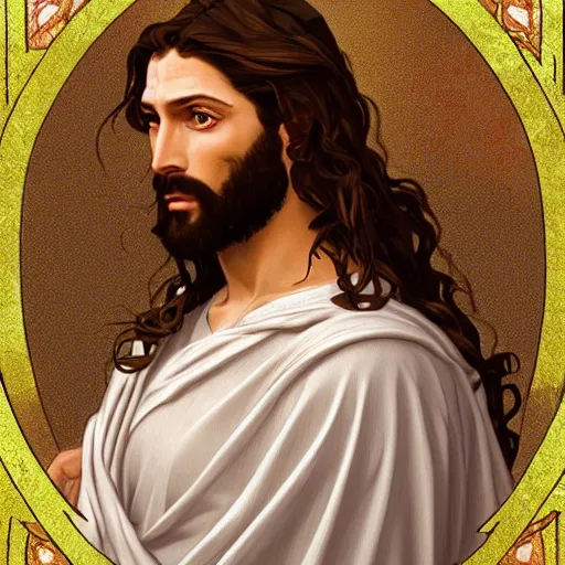 Image similar to a detailed illuminated manuscript of a ridiculously good looking jesus that looks like a jewish gigachad, long curly hair, elegant ancient greek dress, very detailed, coast as the background, beautiful, intricate, cinematic, artstation, william bouguereau, alphonse mucha, greg rutkowski, rossdraws, octane render