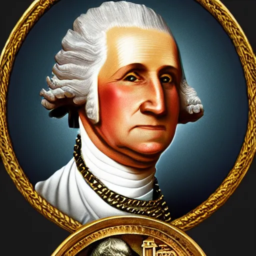 Image similar to a closeup photorealistic illustration of a happy George Washington holding wearing a chain around his neck with a small gold Doubloon coin as a necklace. This 4K HD image is Trending on Artstation, featured on Behance, well-rendered, extra crisp, features intricate detail and the style of Unreal Engine.