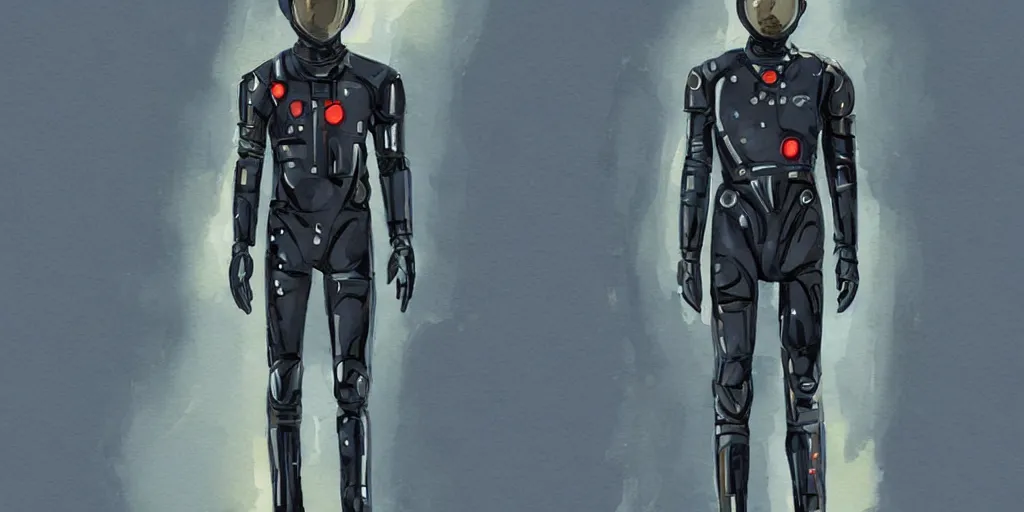 Image similar to male, full body, wide shot, modern space suit, intriguing helmet, very stylized character design, the expanse tv series, large shoulders, short torso, long thin legs, tiny feet, science fiction, hyperdetailed, technical suit, dieselpunk, watercolor digital painting, in the style of bruce timm, by alex maleev