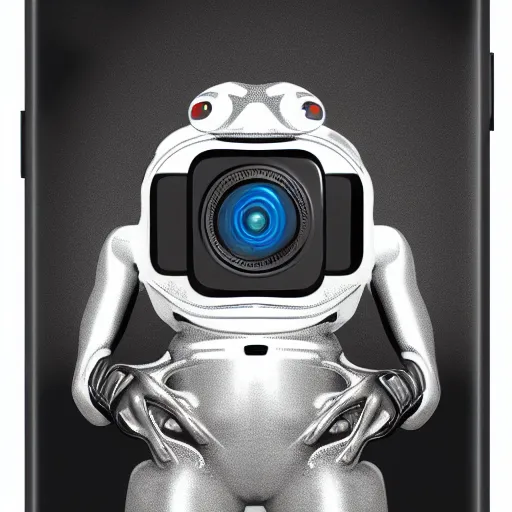 Prompt: cyborg frog with a camera lens as a head, clean design, front profile mugshot, monochromatic photo