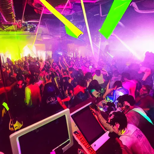 Prompt: A photograph depicting: a large scale acid rave themed 'computer takeover' with lasers and smokemachines