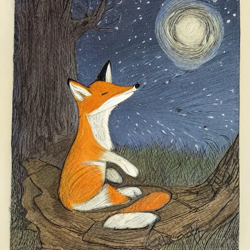 Prompt: candid portrait of clever fox in the forest, night sky, highly detailed, side view, illustrated by peggy fortnum and beatrix potter and sir john tenniel