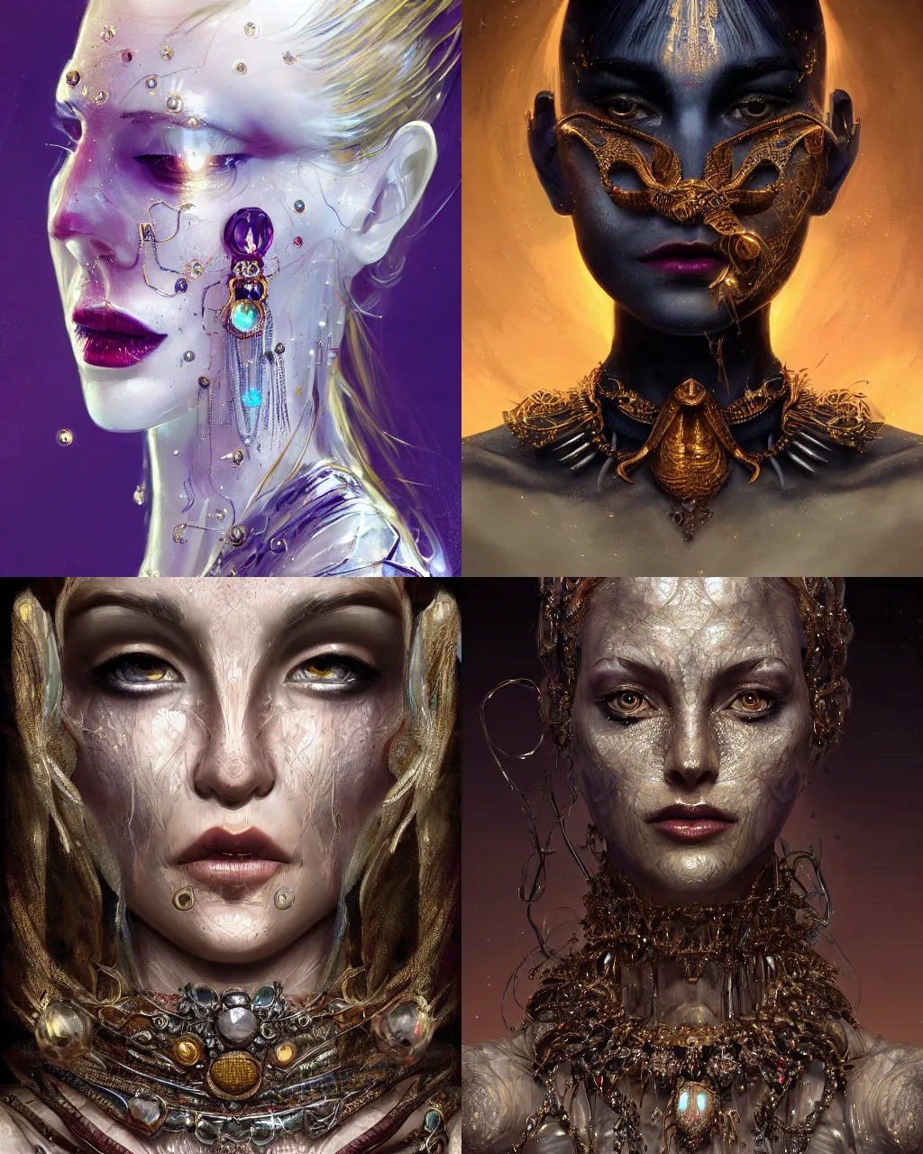 Prompt: realistic character concept, creature fantastic of jupyter with lots of jewelry in the face, elegant pose, scifi, illustration, slender symmetrical face and body, artstation, cinematic lighting, hyperdetailed, 8 k, high resolution, charlie bowater, francoise nielly, insanely detailed and intricate, elegant, dark fractal background, vfx, art deco, postprocessing