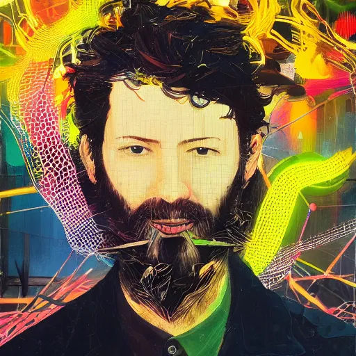 Prompt: a joyful hacker with a subtle beard is surrounded by birds, neon virtual networks, and information visualization, oil on canvas inspired by dave mckean and yoji shinkawa