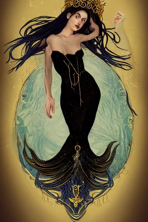 Image similar to a beautiful dark androgynous mermaid, pinup pose, long hair, tall and thin, wearing dozens of pendants and a gown of gold, small delicate crown of the sea on her head, illustration, dramatic lighting, soft details, painting oil on canvas, (art nouveau), octane render, HDR, 4k, 8k, HD, by Brom, Charlie Bowater, faces by otto schmidt