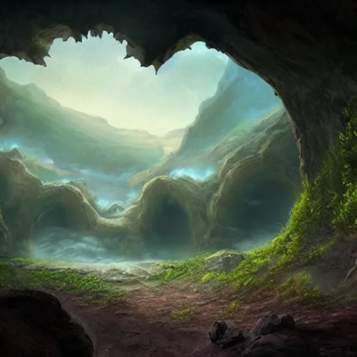 Image similar to beautiful matte painting of a fantasy cave entrance